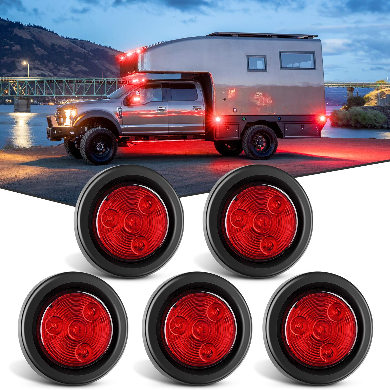 Nilight front view of 2-inch red marker showing clear bright lens benefit