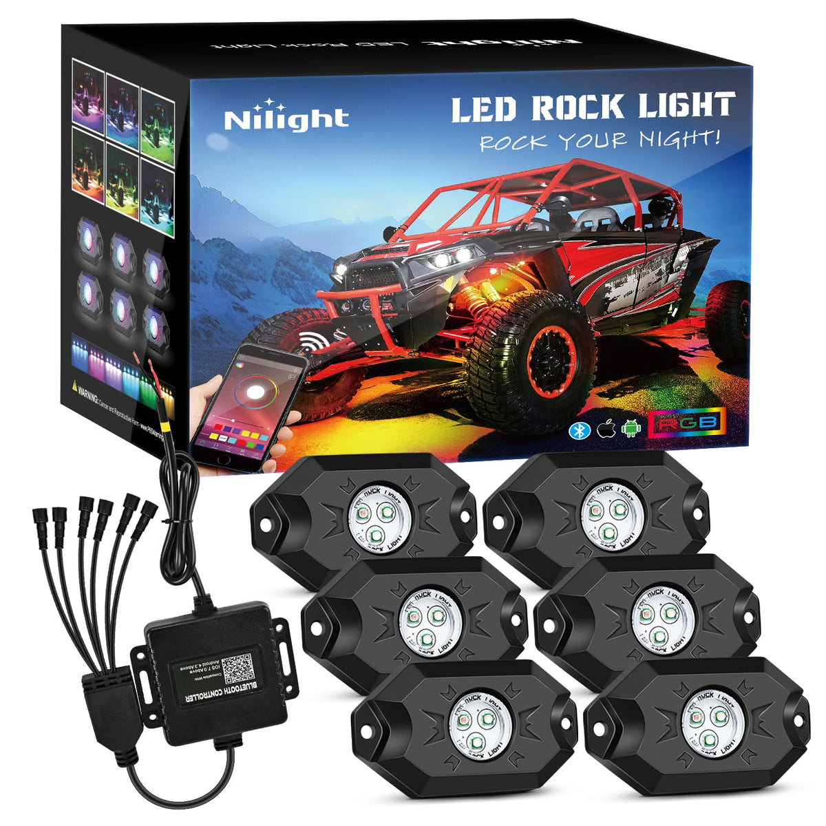 Nilight front view of 6-pod kit showing compact pods and benefits of bright multicolor underglow