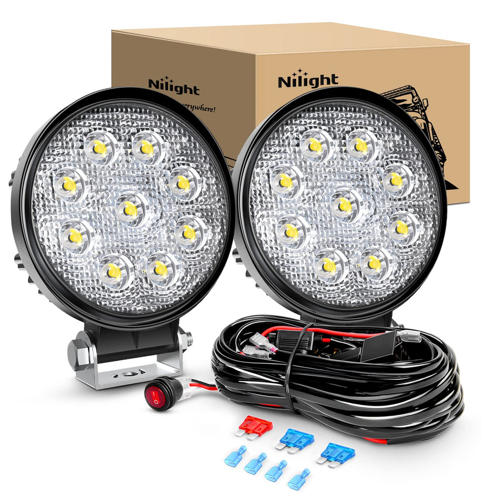 Nilight front view of two round flood lamps showing compact design and bright output