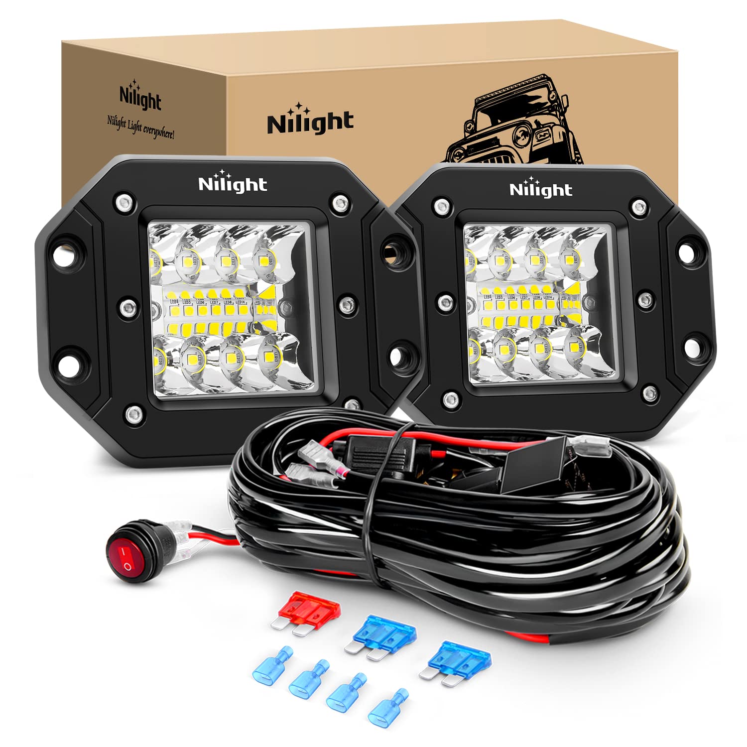 Nilight front view of flush-mount pods showing clean grill-ready look and reliable illumination benefit