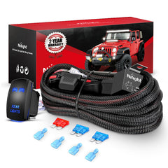 Nilight front view of harness and switch showing organized kit and easy installation
