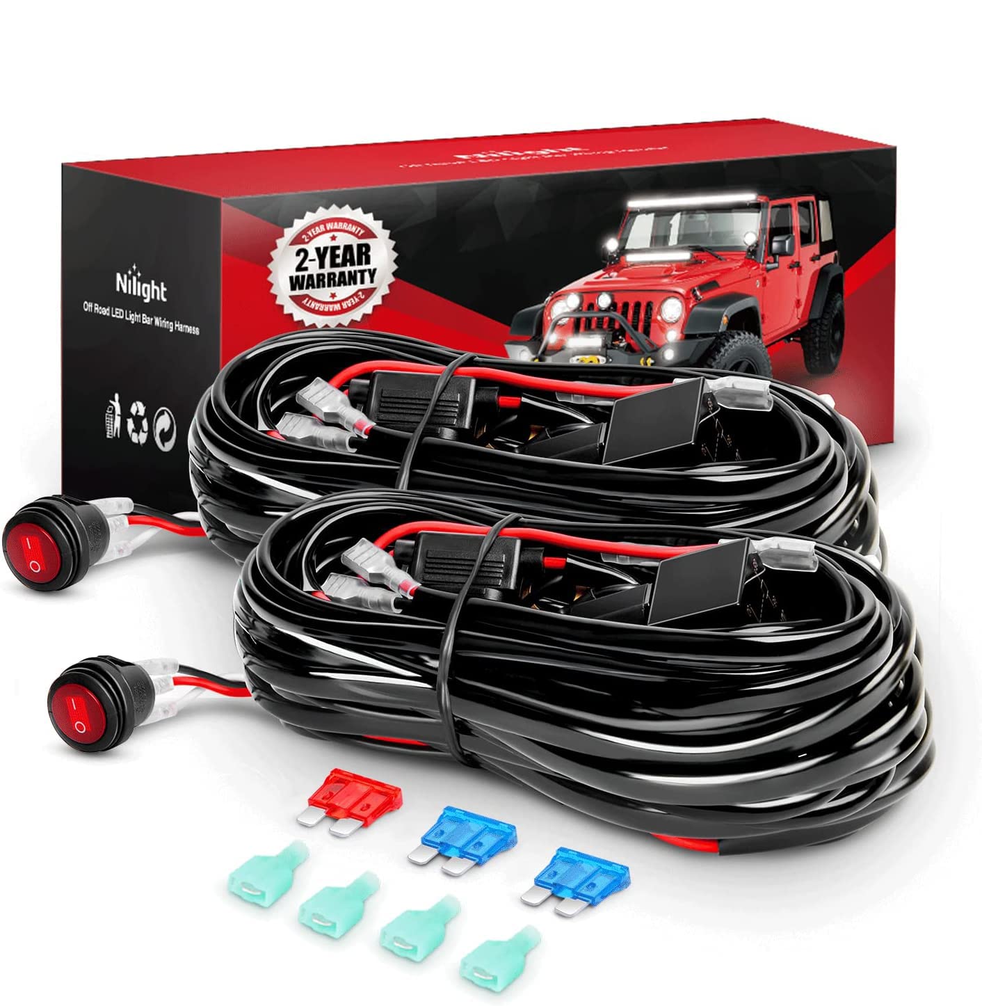 Nilight front view of assembled wiring harness showing neat layout and quick install benefit