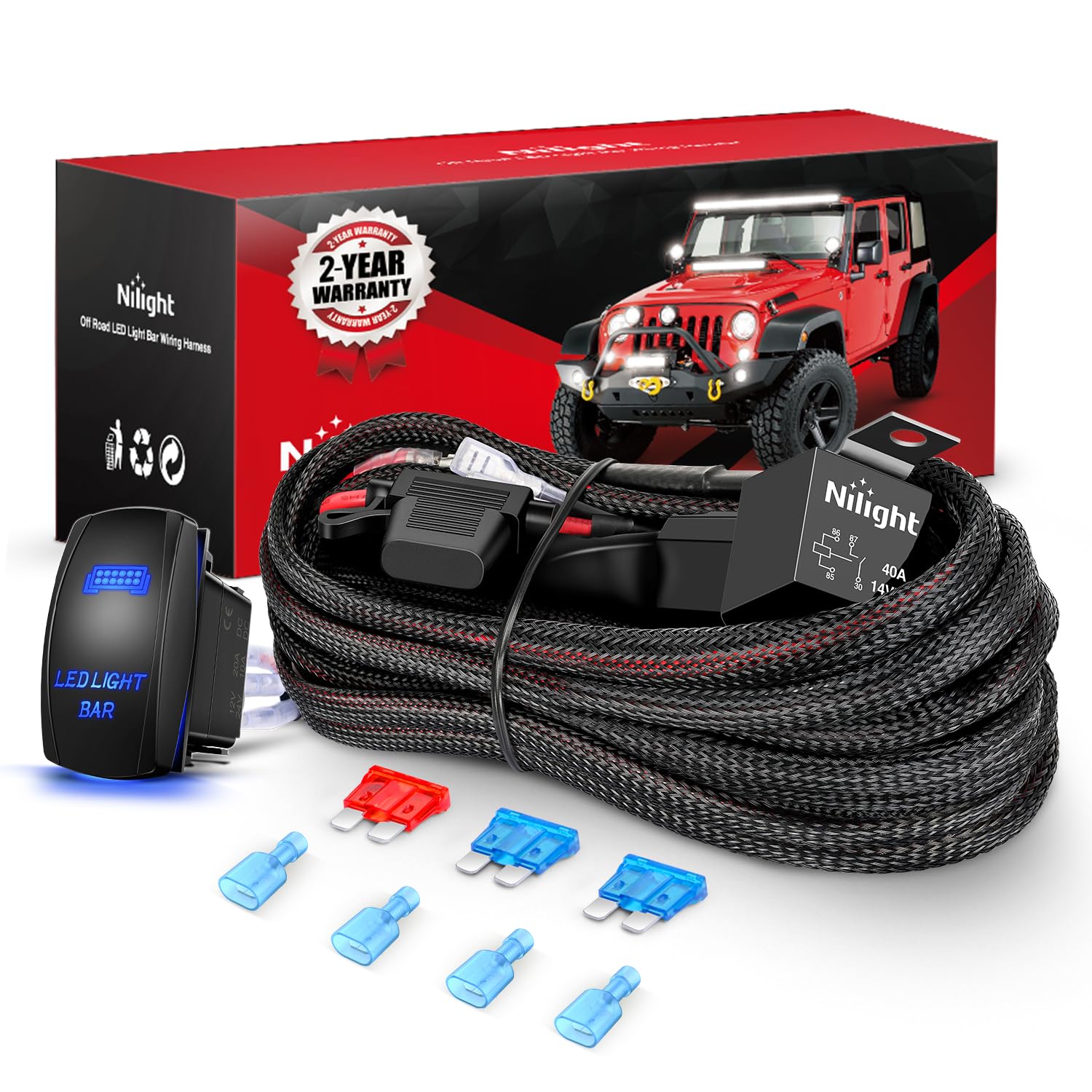 Nilight front view of harness kit showing components and benefits