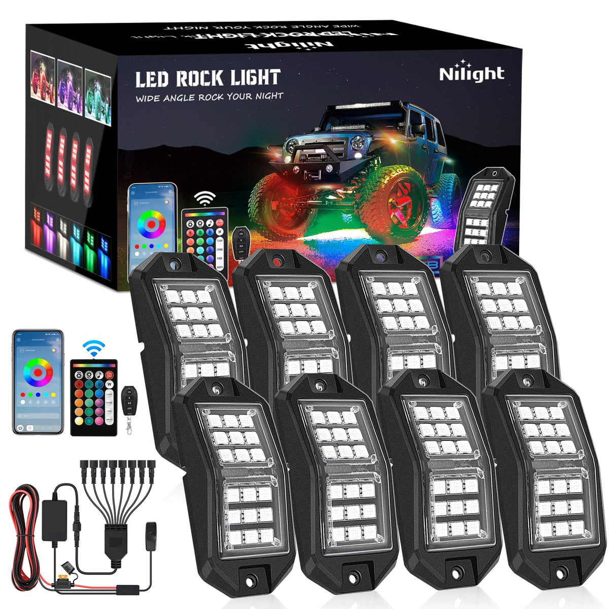 Nilight front view of 8-piece kit showing mounting positions and uniform glow