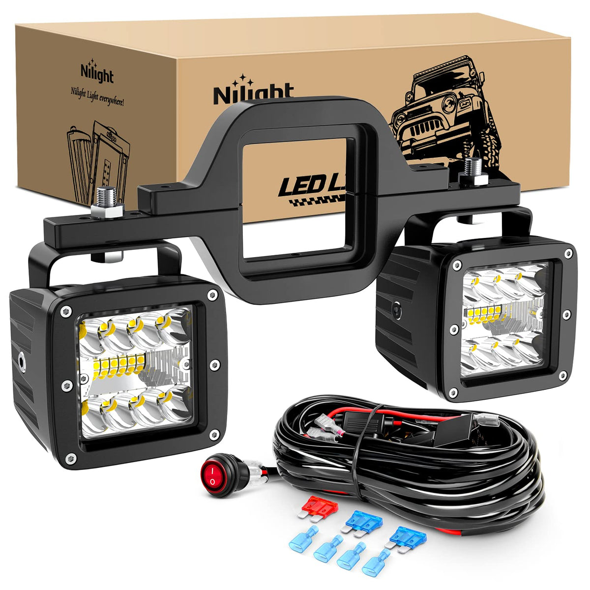 Nilight front view of LED pods showing bright dual-beam output and improved visibility