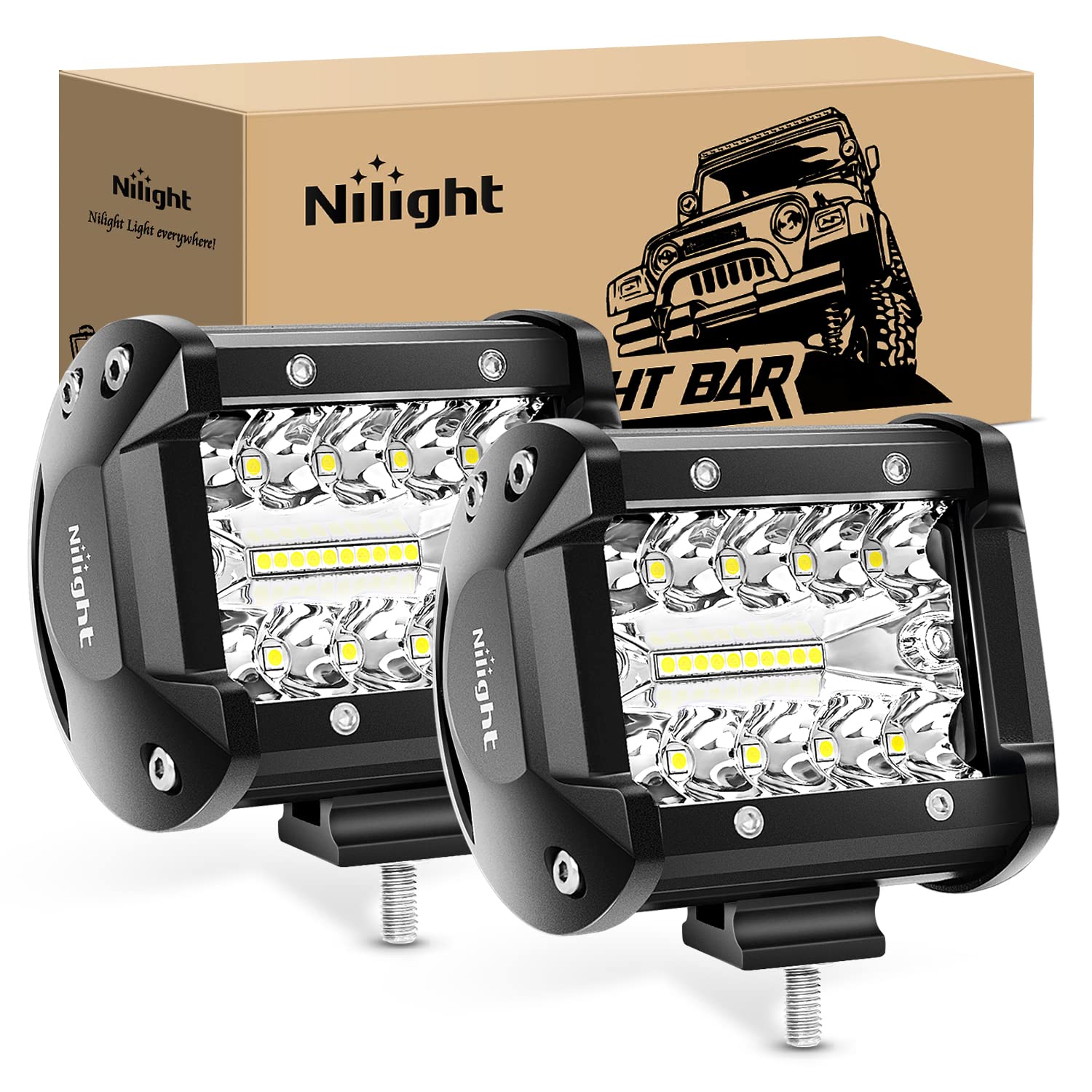 Nilight front view light pod showing triple row LEDs and clear lens, boosts road visibility