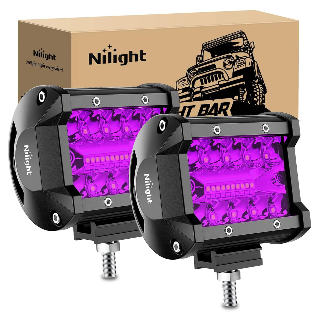 Nilight front view of purple LED pods showing compact two-pack and bright accent