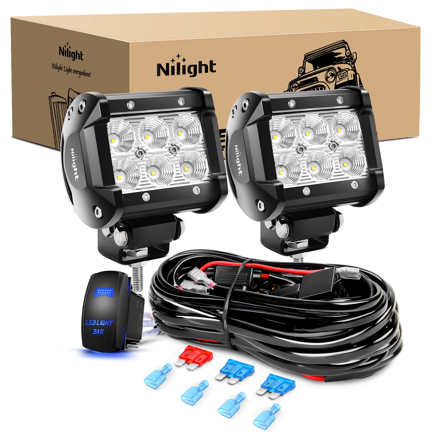 Nilight front view of light bar pair showing compact housing and clear lens, boosts visibility
