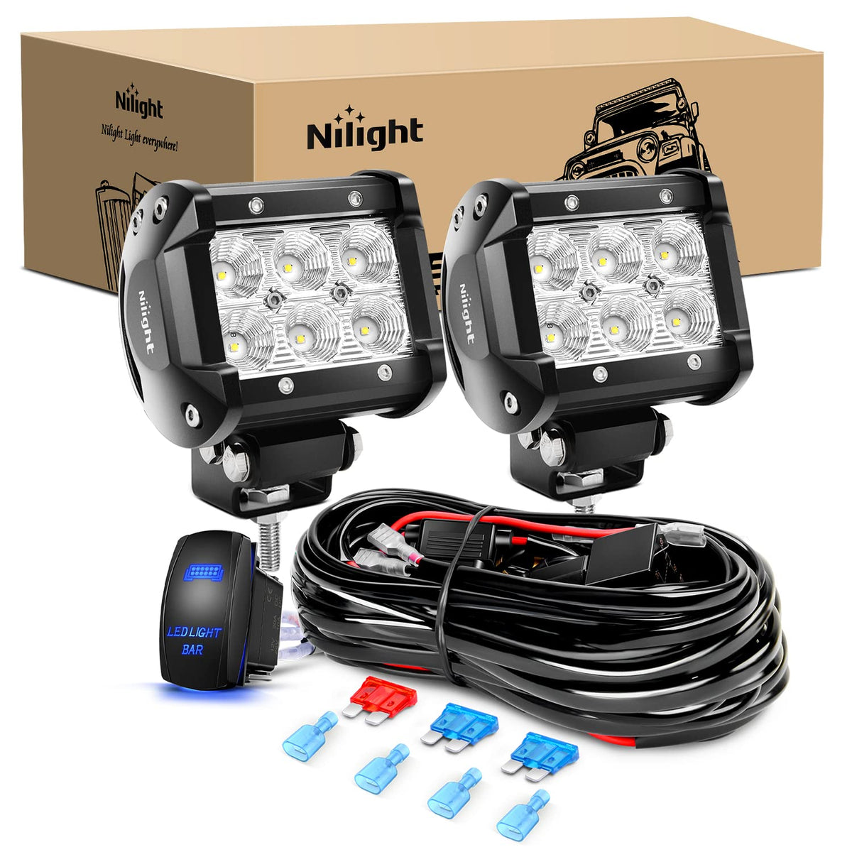 Nilight front view of light bar pair showing compact housing and clear lens, boosts visibility