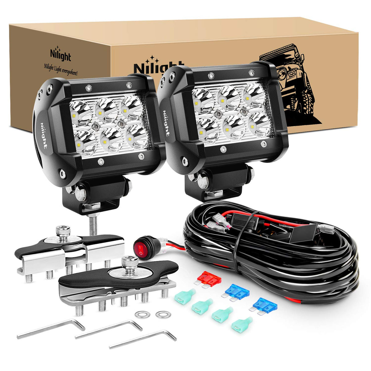 Nilight front view of two 4 inch spot pods showing compact housing and bright output