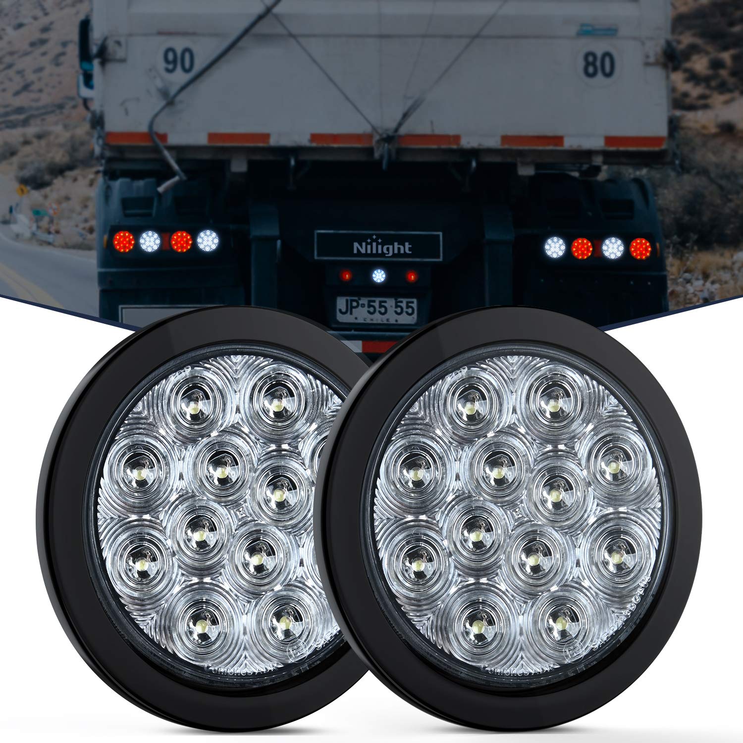 Nilight front view of round LED backup light showing bright white output benefit