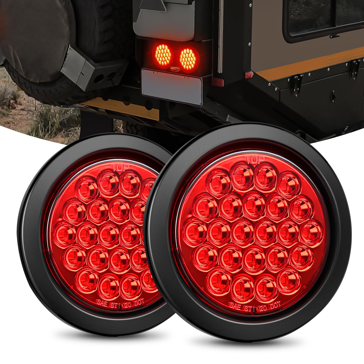 Nilight front view of round tail light pair showing bright red signal benefit