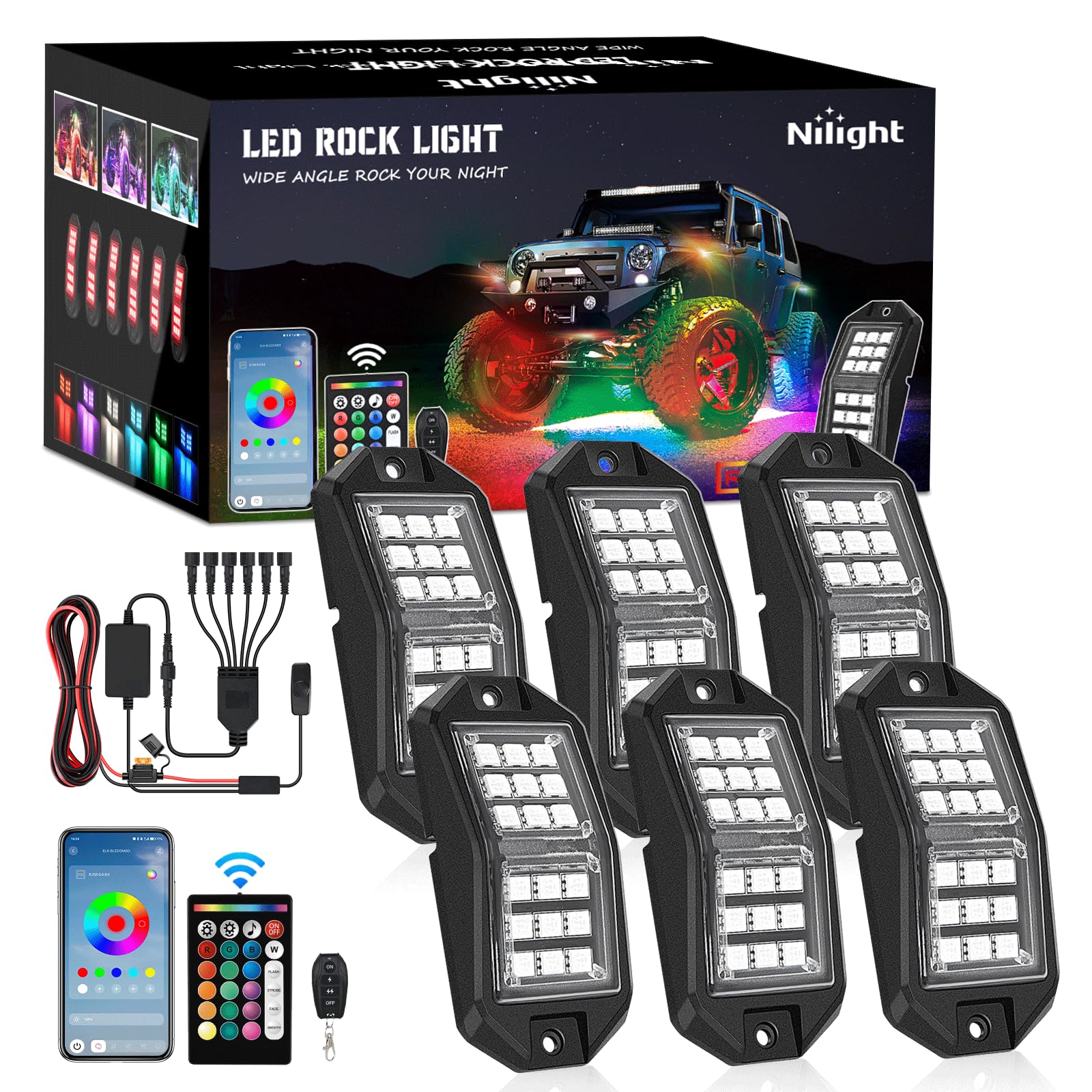 Nilight front view of six RGB LED pods showing wide-angle coverage benefit