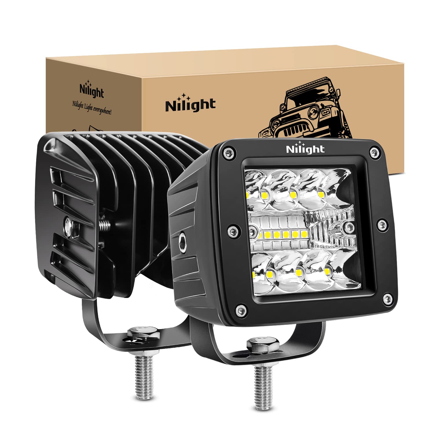 Nilight front view of square LED cube showing compact housing and strong output benefit