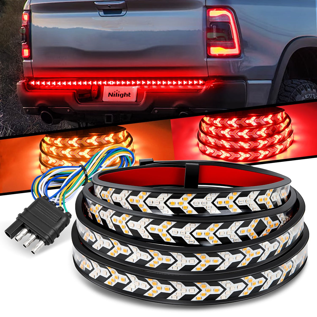 Nilight front view of 60-inch tailgate light strip showing full-width visibility