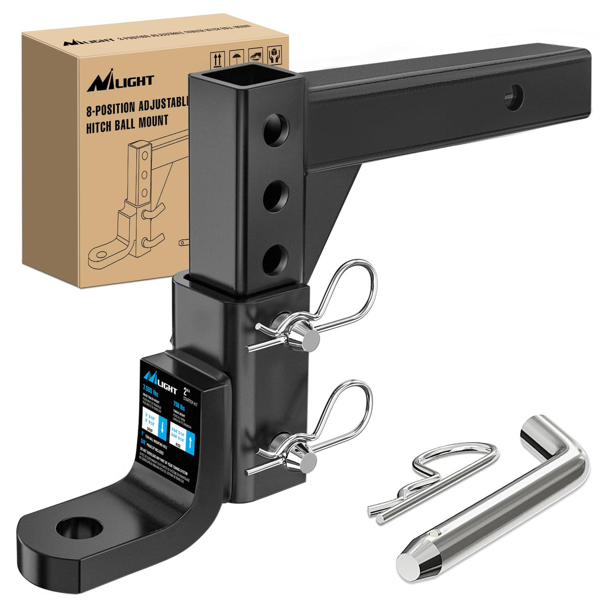 Nilight front view of adjustable hitch showing shank and ball hole, durable fit
