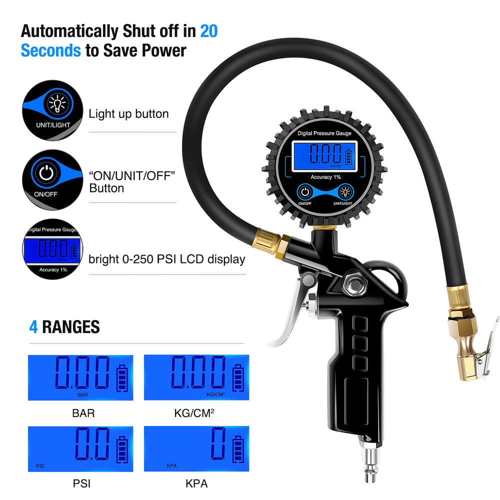 Nilight in use on a car tire showing accurate pressure measurement during inflation
