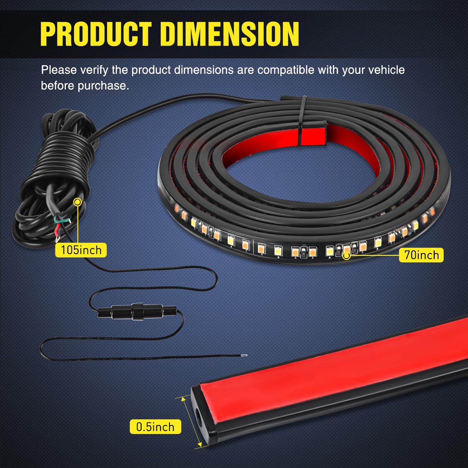 Nilight strip beside ruler showing 70-inch length for fitment