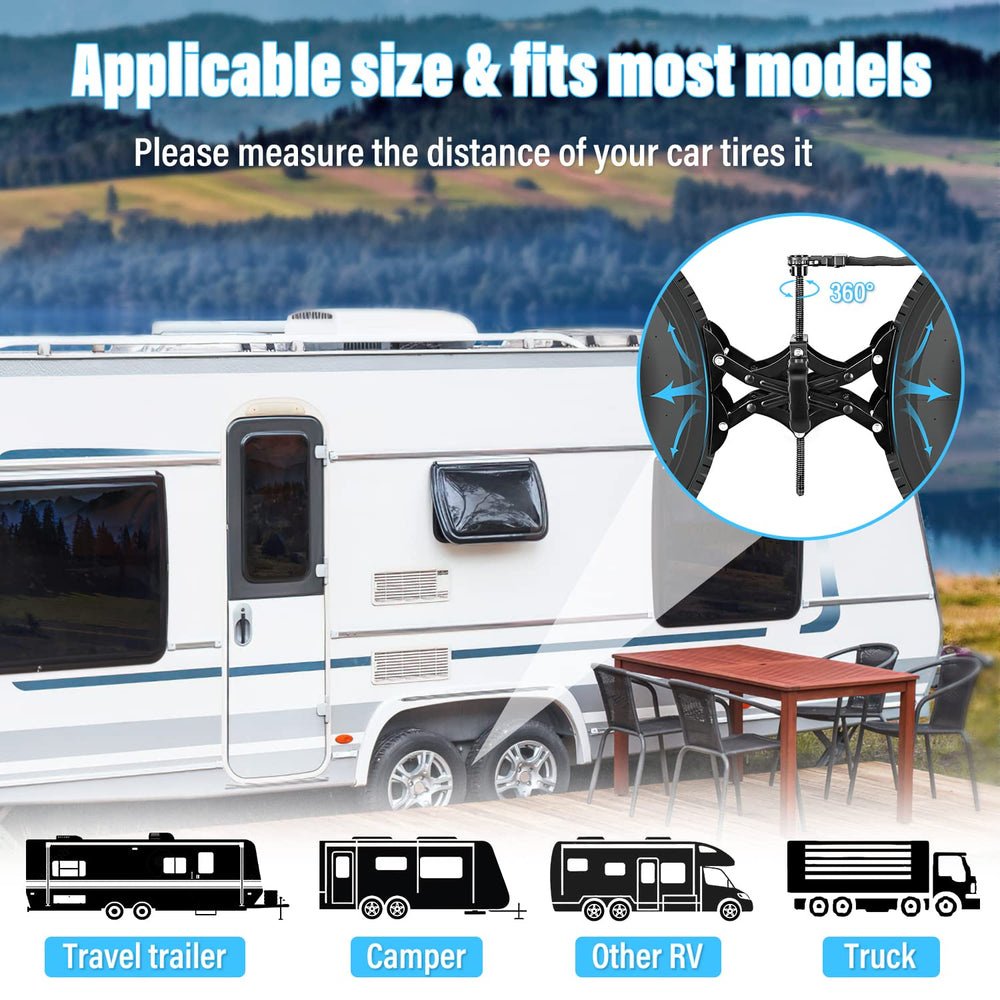 Nilight X-Chocks in campsite scene reducing trailer sway for peaceful nights
