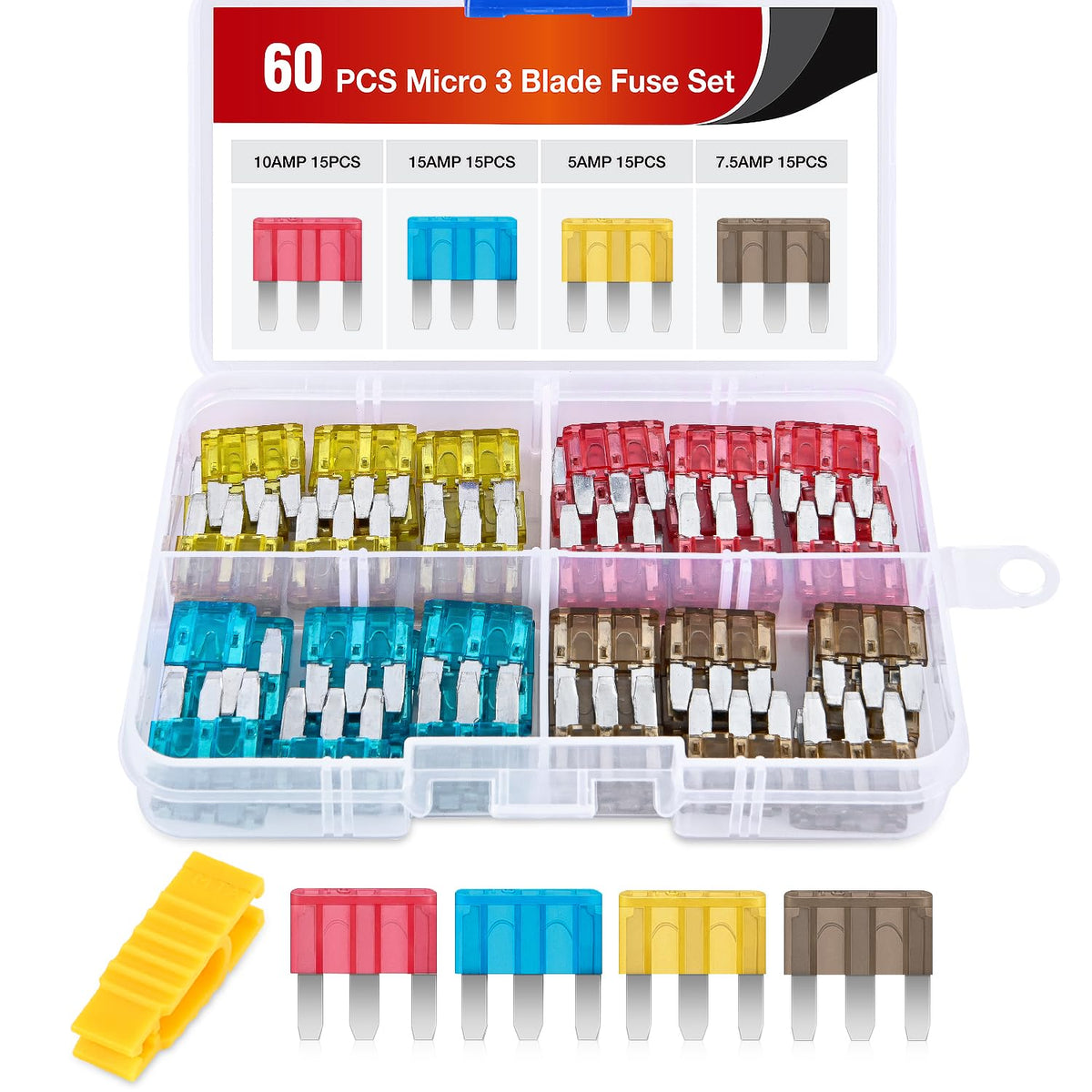 Nilight front packaging showing 60-piece Micro3 fuse assortment and storage box benefit