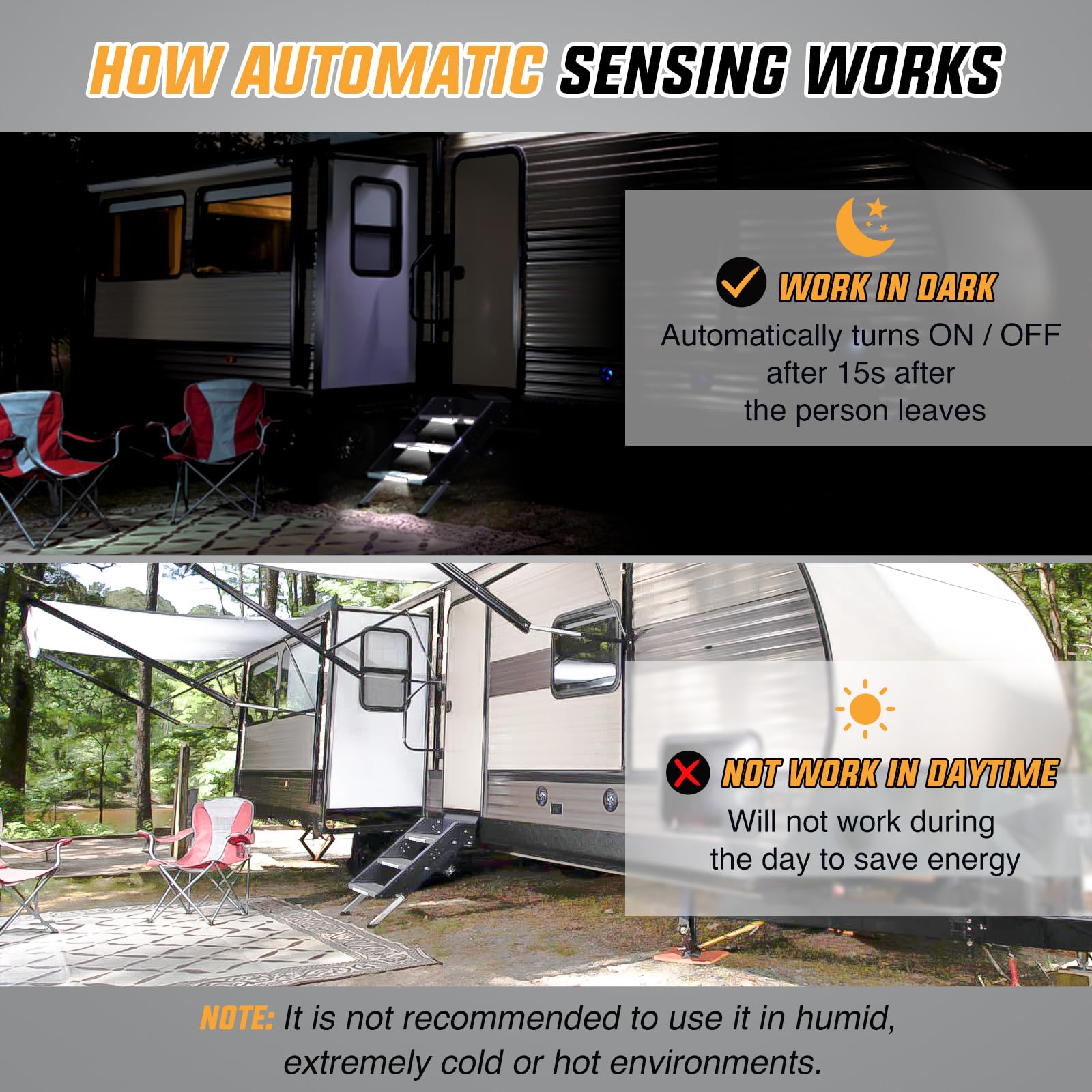 Nilight mounted on RV step at night enhancing safe entry