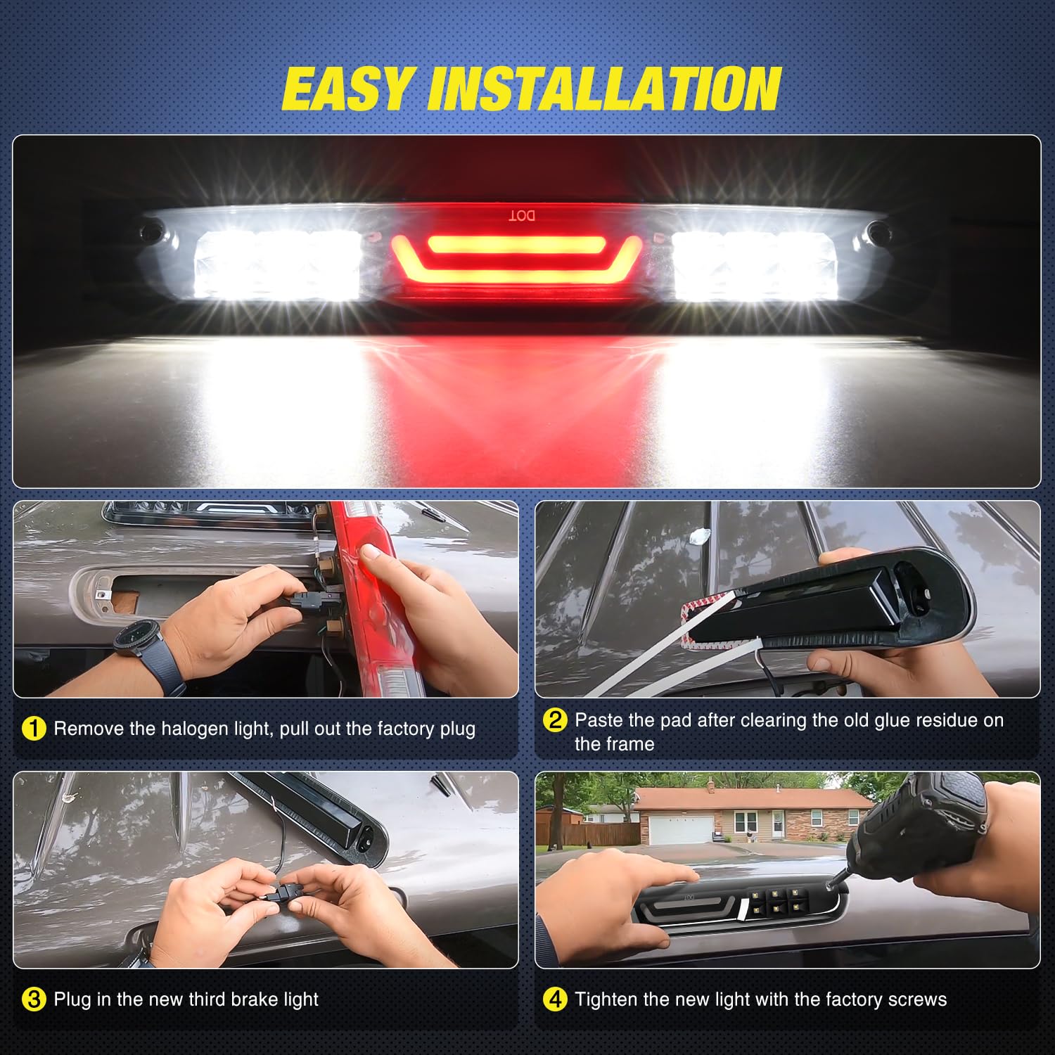 Nilight third brake light mounted on GMC Sierra demonstrating clearer brake signaling to following traffic