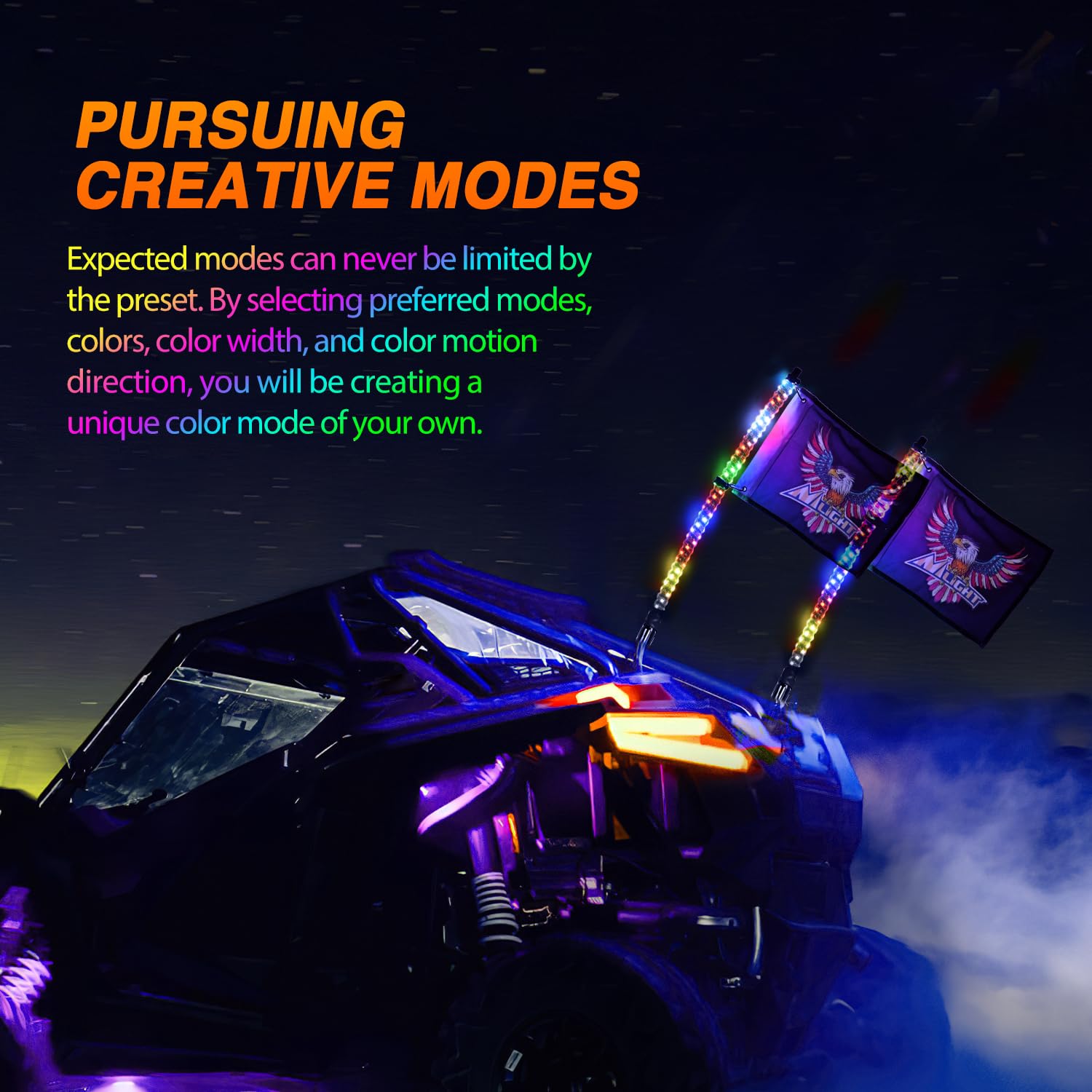Nilight mounted whips on UTV at night improving visibility and style