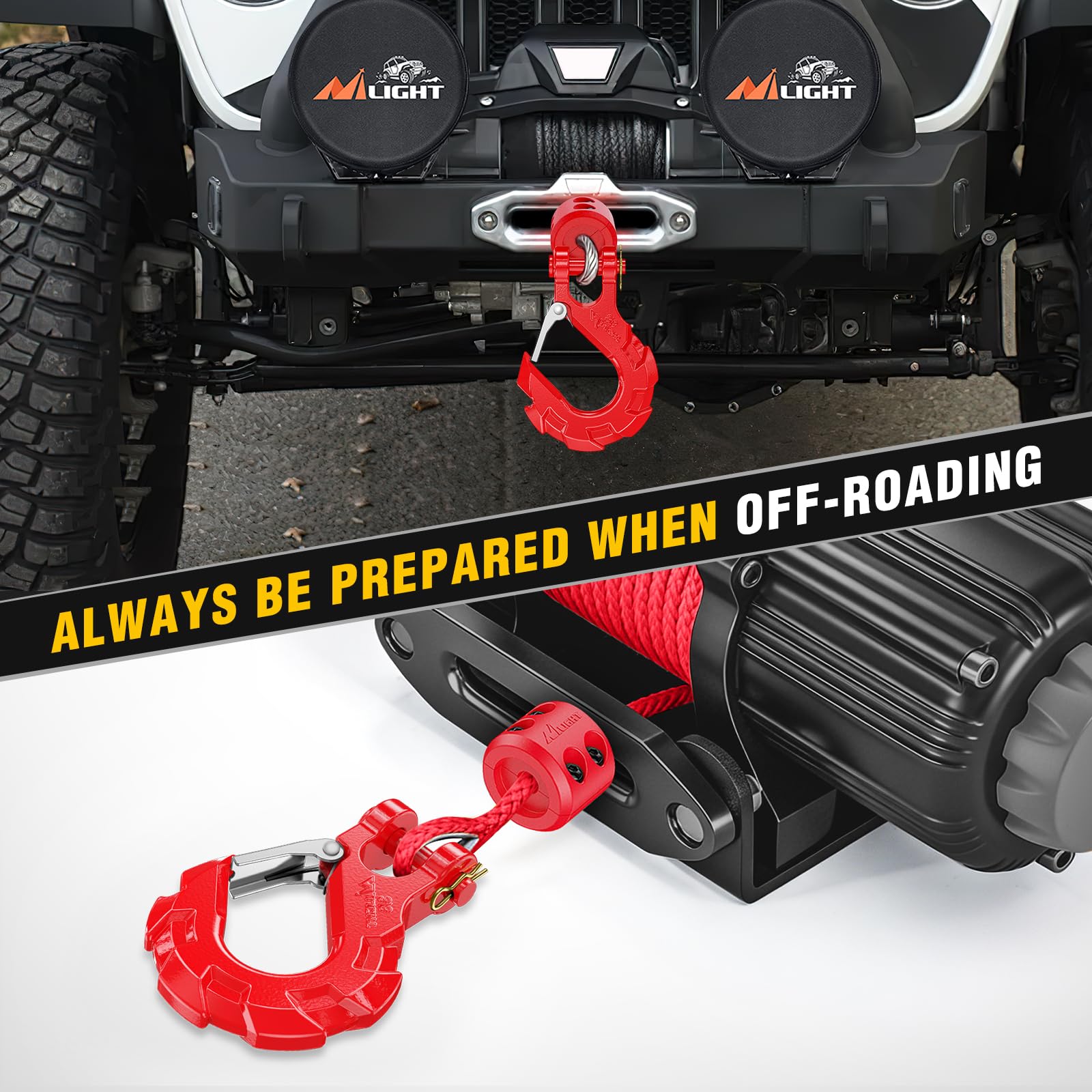 Nilight hook mounted on winch cable in use demonstrating safe recovery performance