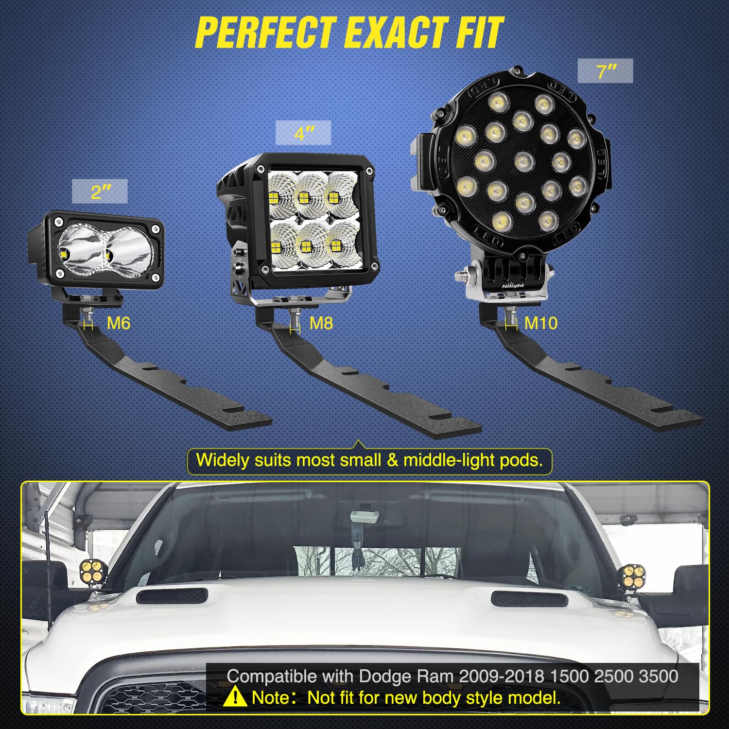 Nilight brackets mounted with LED pod on RAM hood illustrating lighting placement