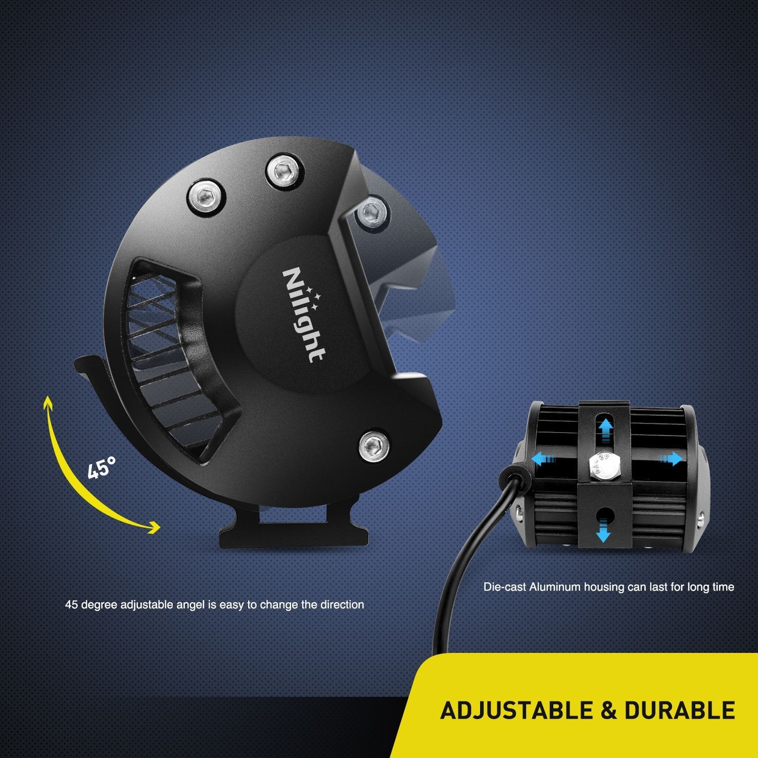Nilight product packaging with mounting hardware, includes everything for quick install