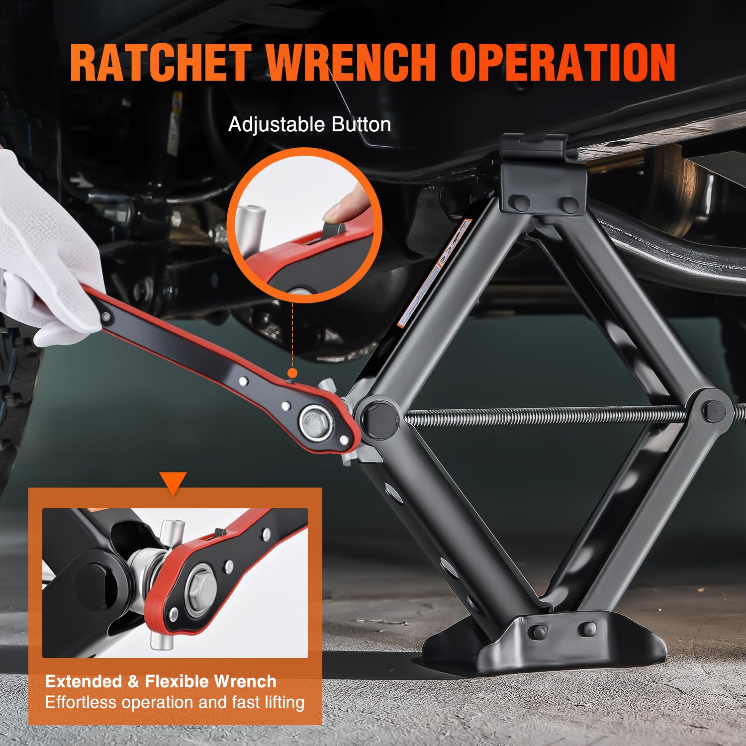Nilight ratchet wrench attached to jack highlighting easier leverage and faster operation