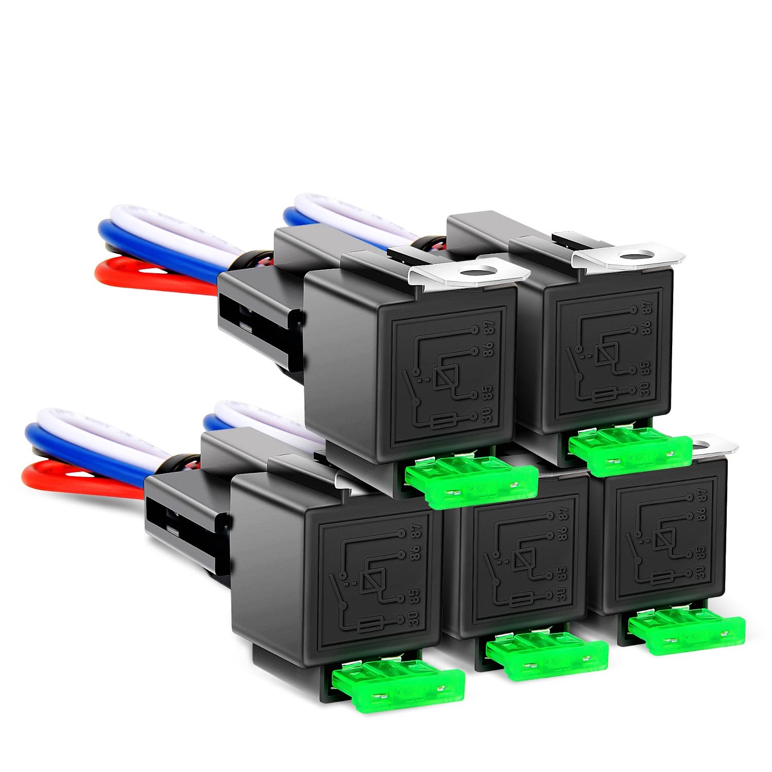 Nilight relay pack front view showing five harnesses and neat packaging benefit quick install