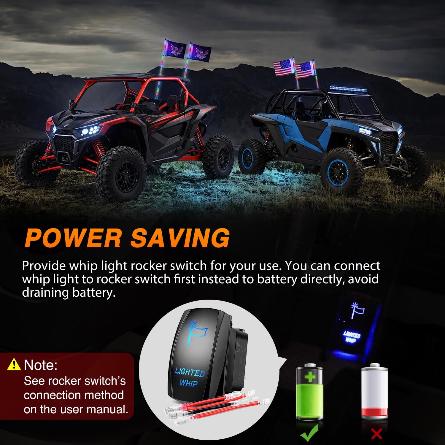 Nilight rocker switch and wiring harness for reduced battery drain