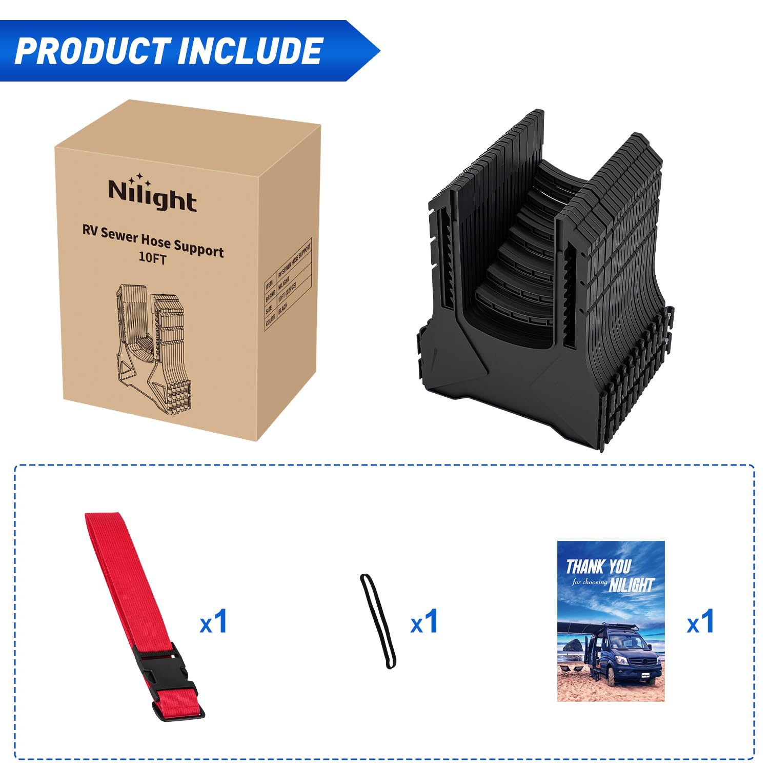 Nilight support beside a 10ft RV hose showing scale and fit benefit