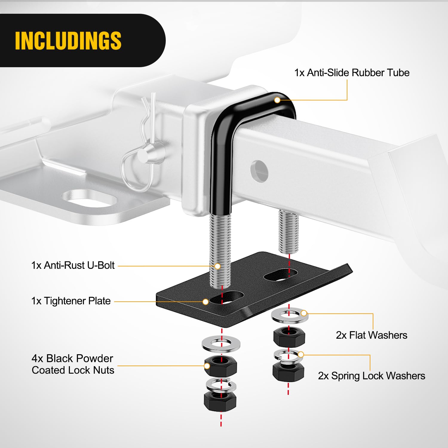 Nilight tightener plate detail showing powder-coat for rust resistance
