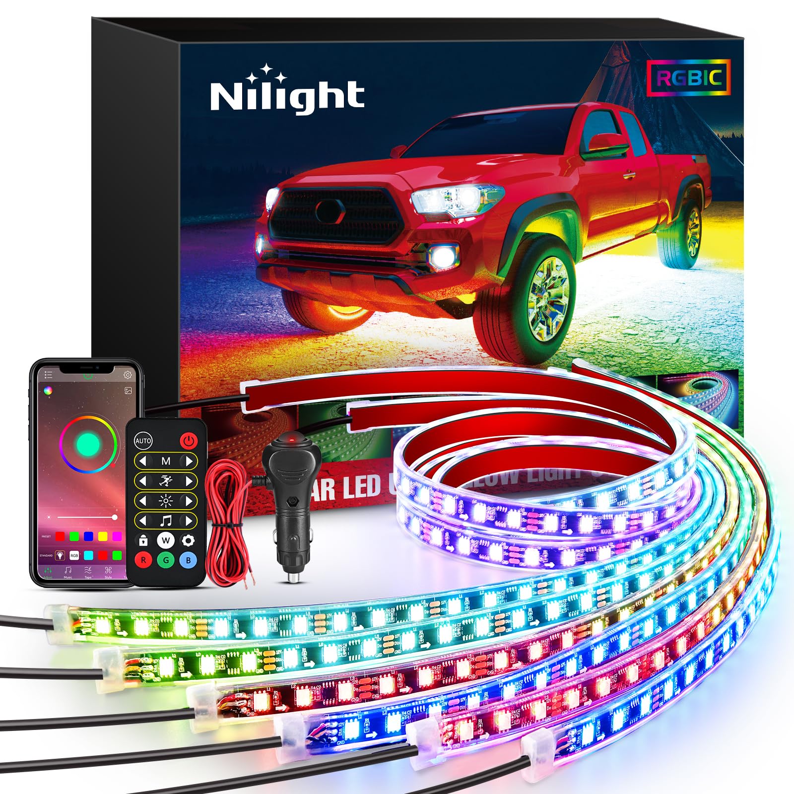 Nilight front view of underglow kit showing full set and benefit: instant vehicle transformation