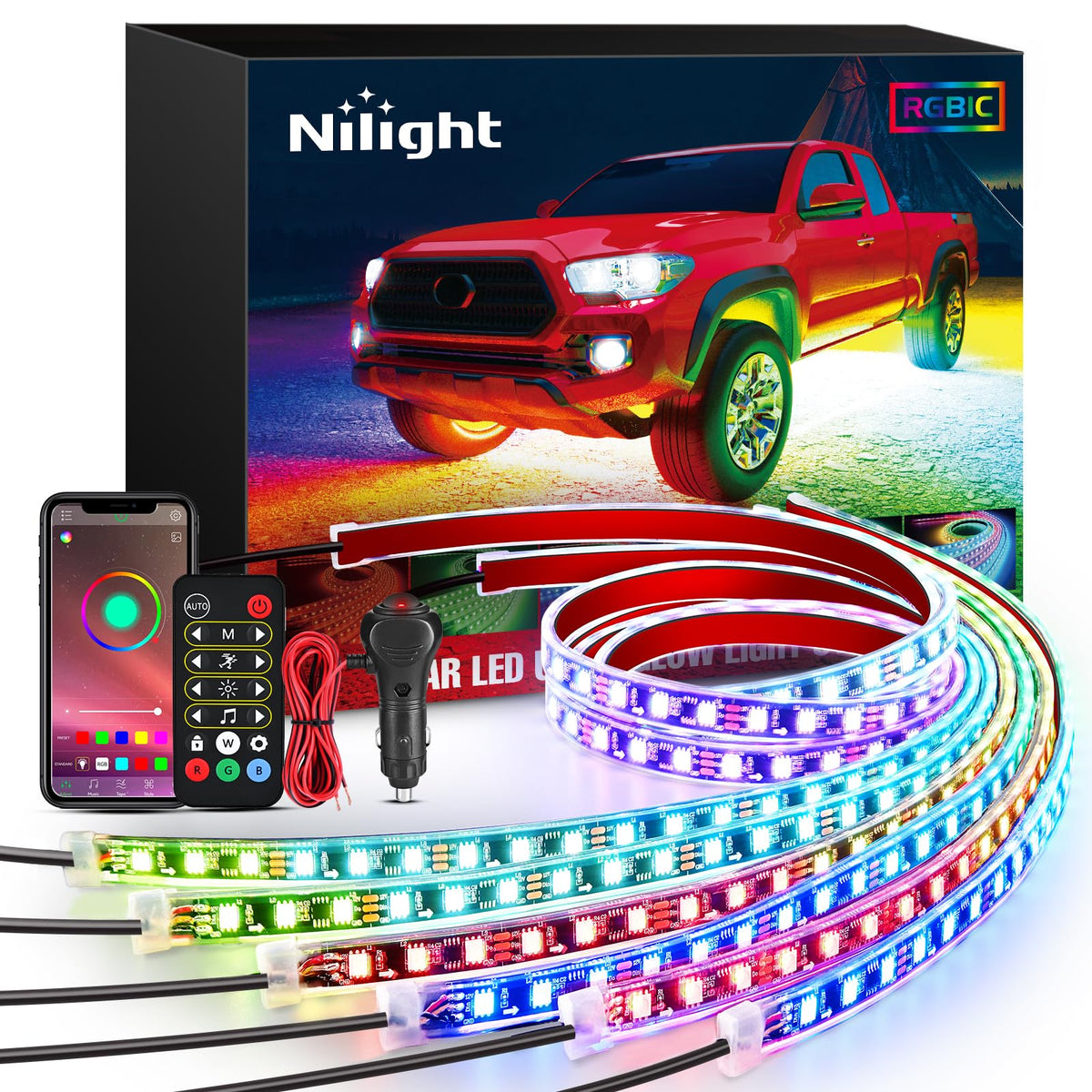 Nilight front view of underglow kit showing full set and benefit: instant vehicle transformation