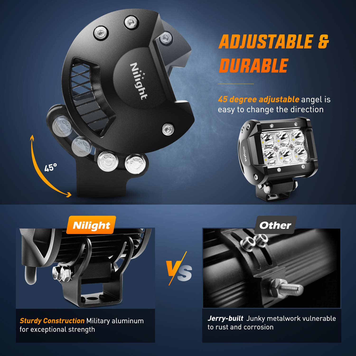 Nilight ZH009 adjustable bracket angle demonstrating 45-degree aiming for precise light direction