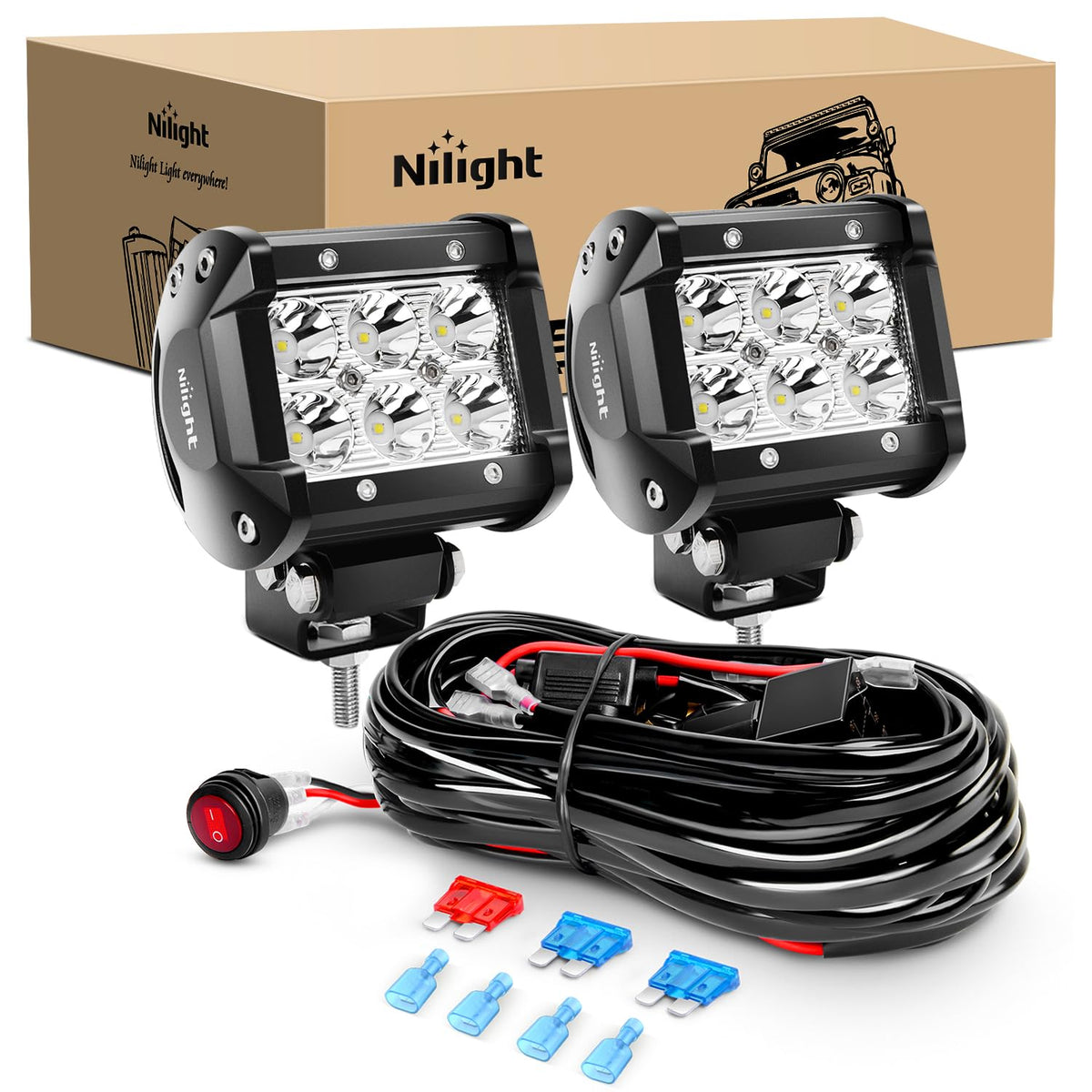 Nilight ZH009 front view showing dual 18W spot bars and compact profile for improved visibility