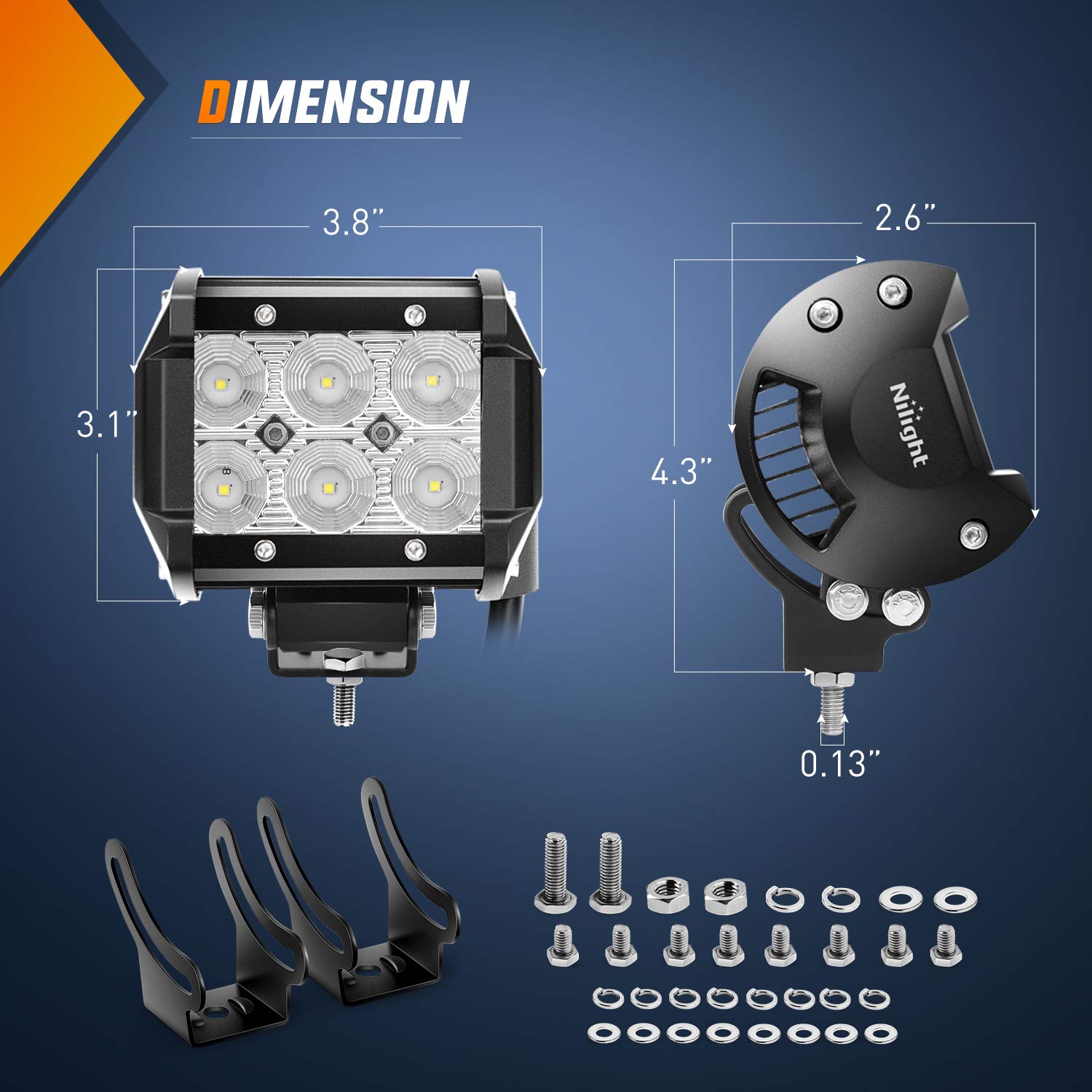Nilight ZH010 close-up of six LED chips highlighting bright evenly distributed flood light