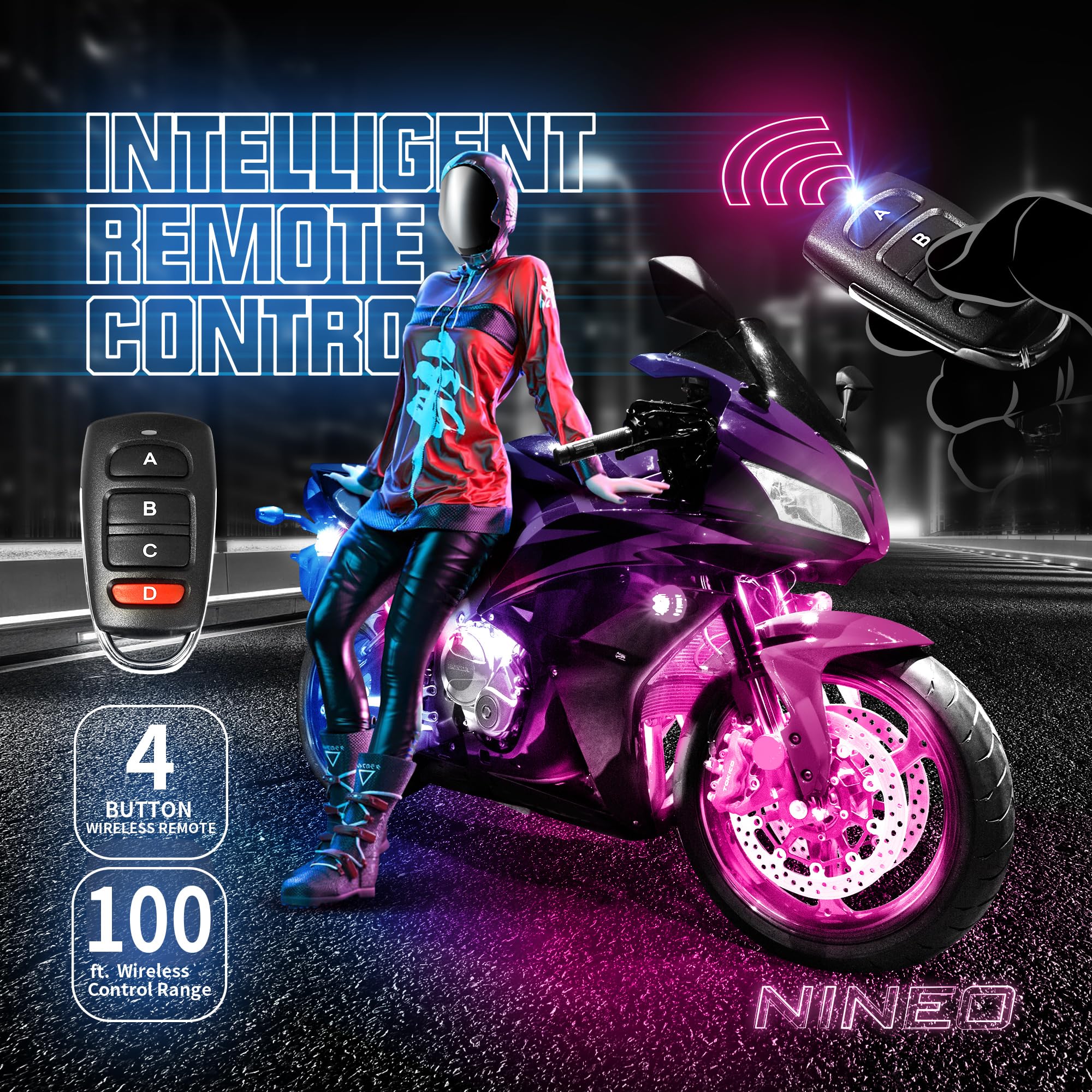 NINEO underglow on a nighttime ride demonstrating enhanced road presence and flair