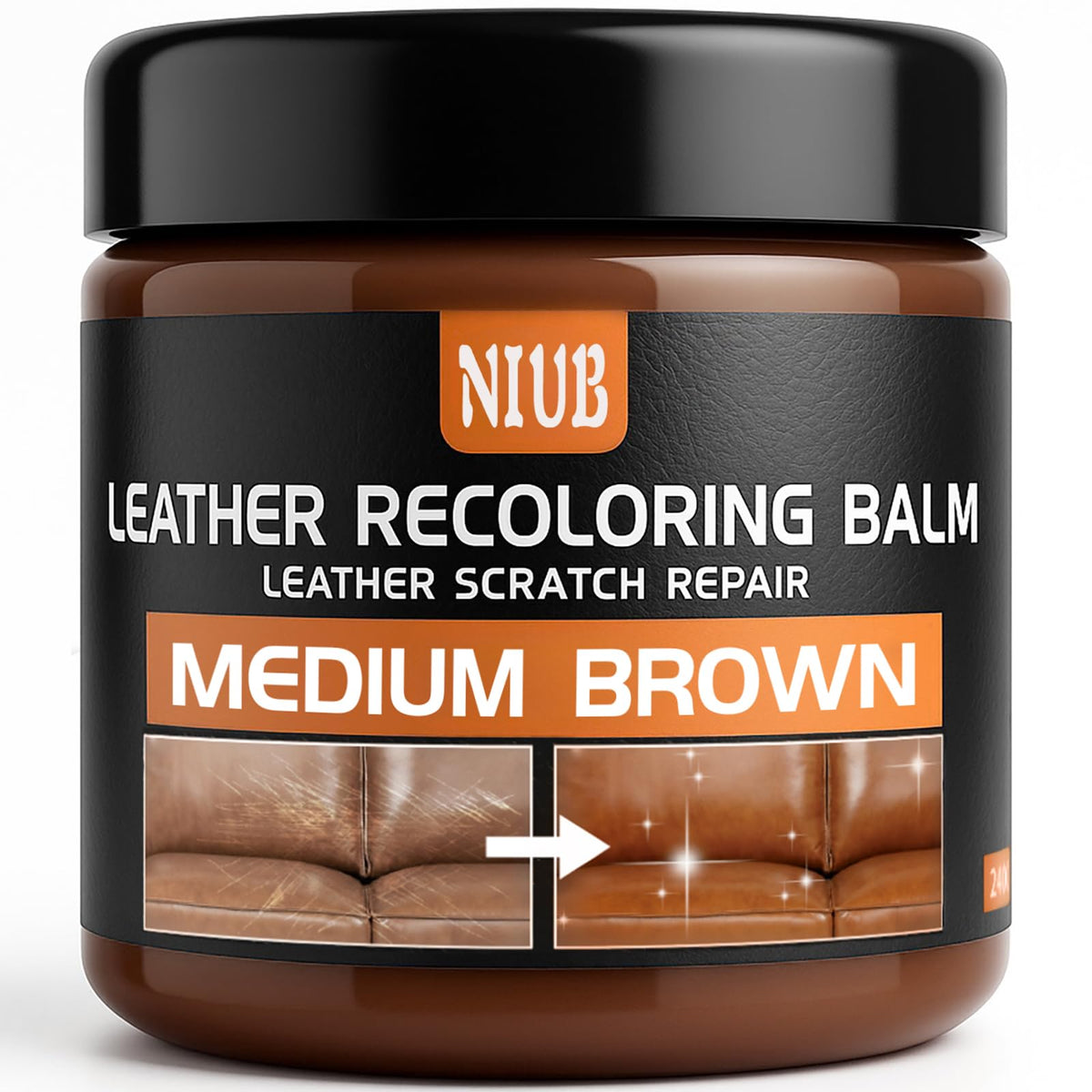 NIUB front label showing medium brown balm and clear product identity benefit