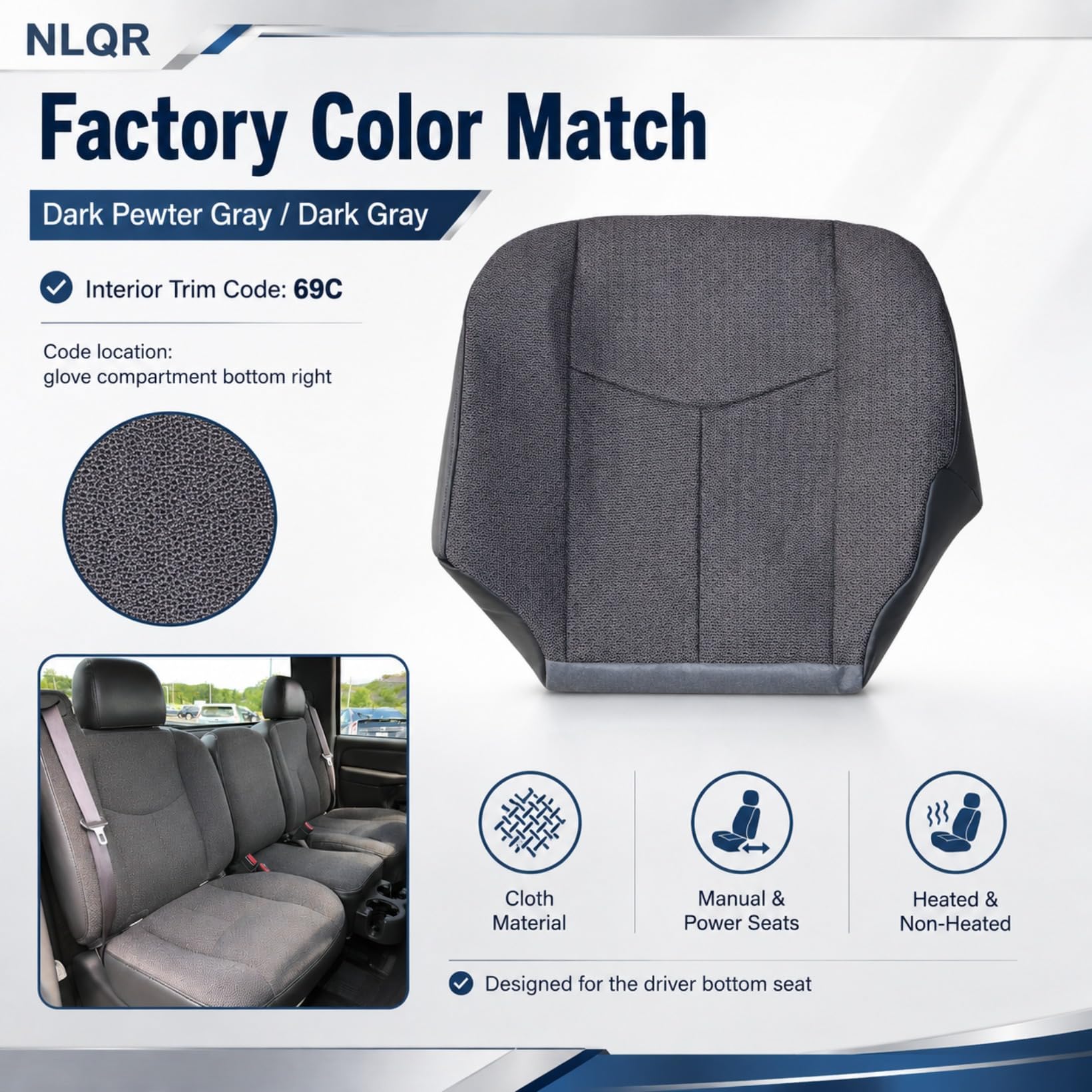 NLQR seat cover with cutouts for controls preserving power seat functionality