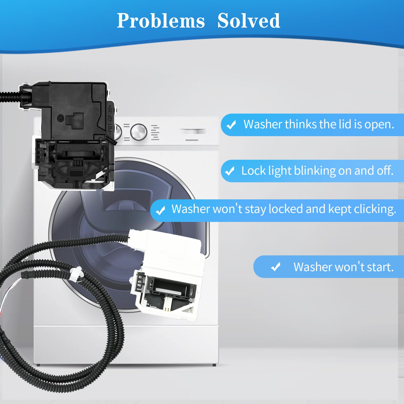 NLZQMBC lid lock installed on Maytag washer demonstrating restored closure