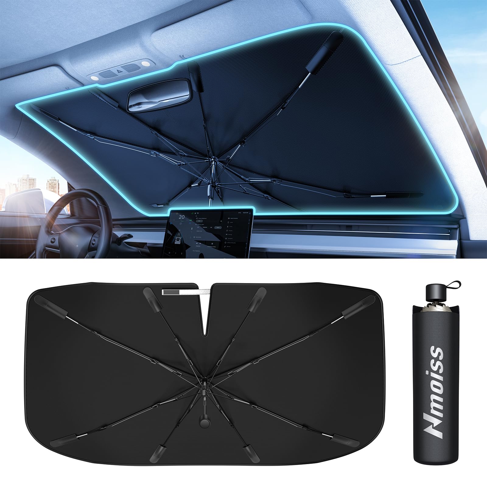 Nmoiss front view of windshield shade showing full coverage and quick deployment