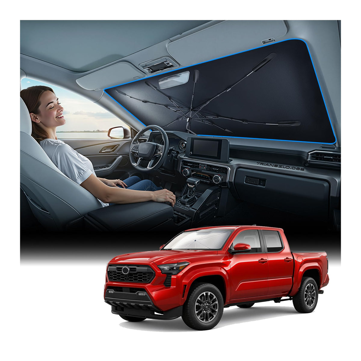 Nmoiss Tacoma front profile installed showing full windshield coverage and reduced sun gaps