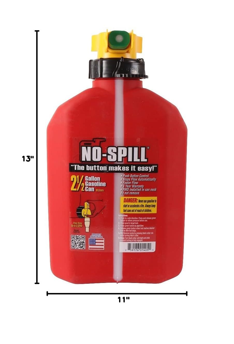 No-Spill can in use refueling a lawnmower for neat, controlled transfer