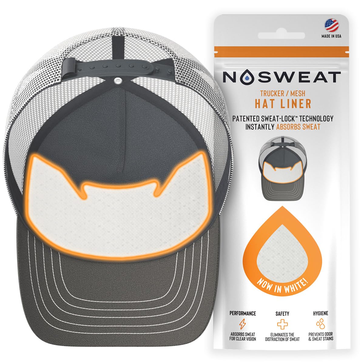 No Sweat front-of-hat pack showing six white adhesive liners and clear benefit