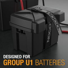 NOCO BGU1 snap-top open revealing battery tray and easy-access benefit: quick maintenance