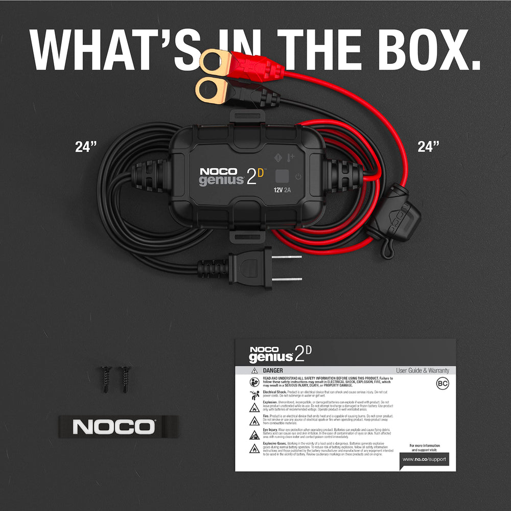 NOCO GENIUS2D box with AC/DC cables and eyelets showing complete kit benefit
